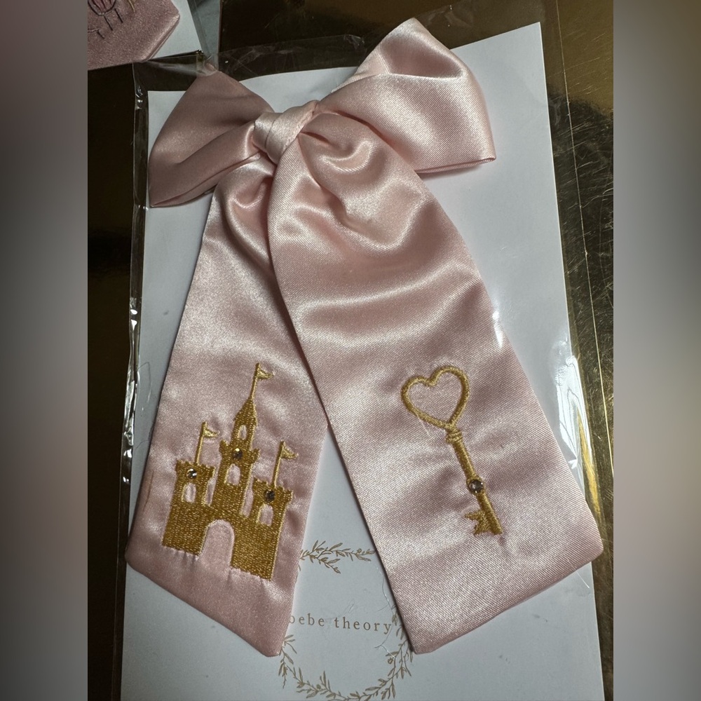 Pink Satin Hair Bow with Gold Castle and Key Embroidery